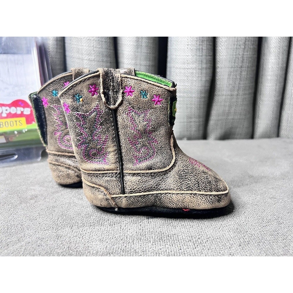 John Deere Infant Johnny Popper Boots Size 3M 6-9 months Stitching Brown Pink - Picture 5 of 11